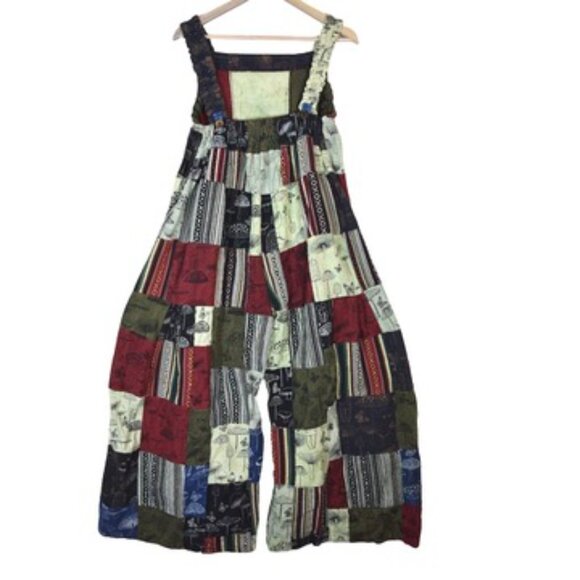 Patchwork Mushroom Overalls Hippie Boho Festival Cottagecore Granola Fairycore - Picture 2 of 8